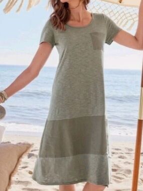 Soft Surroundings Winnie Olive Green Linen Blend Short Sleeve Midi Dress NEW